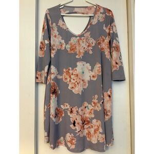 MTS Women Grey Peach Floral V-Neck 3/4 Sleeve Cut-Out Back Pocket Mini Dress M